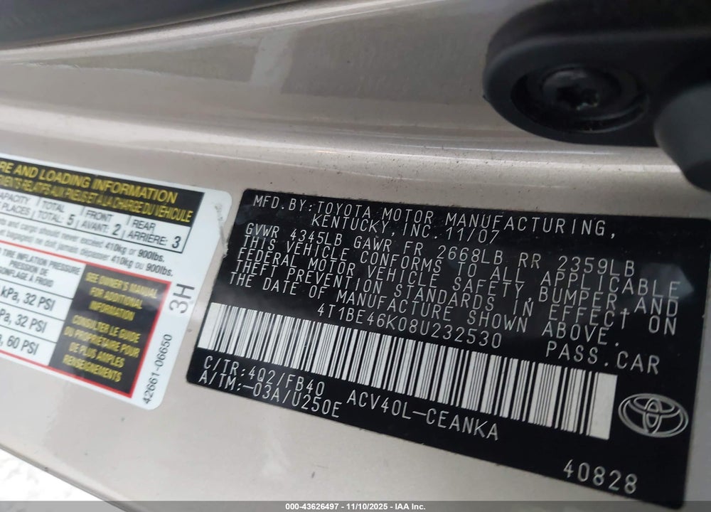 2008 TOYOTA CAMRY LE VIN: 4T1BE46K08U232530