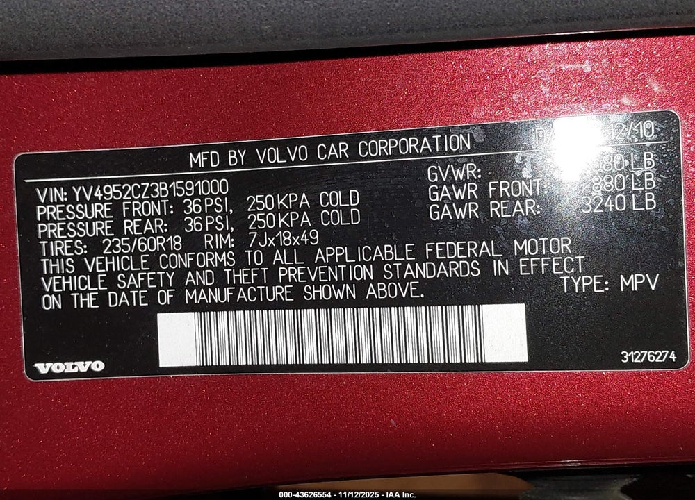 2011 VOLVO XC90 3.2 VIN: YV4952CZ3B1591000