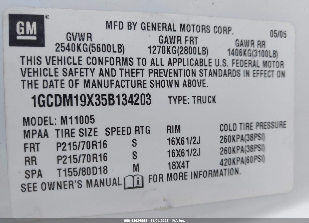 2005 CHEVROLET ASTRO VIN: 1GCDM19X35B134203