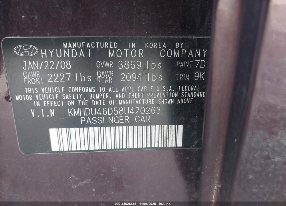 2008 HYUNDAI ELANTRA GLS/SE VIN: KMHDU46D58U420263