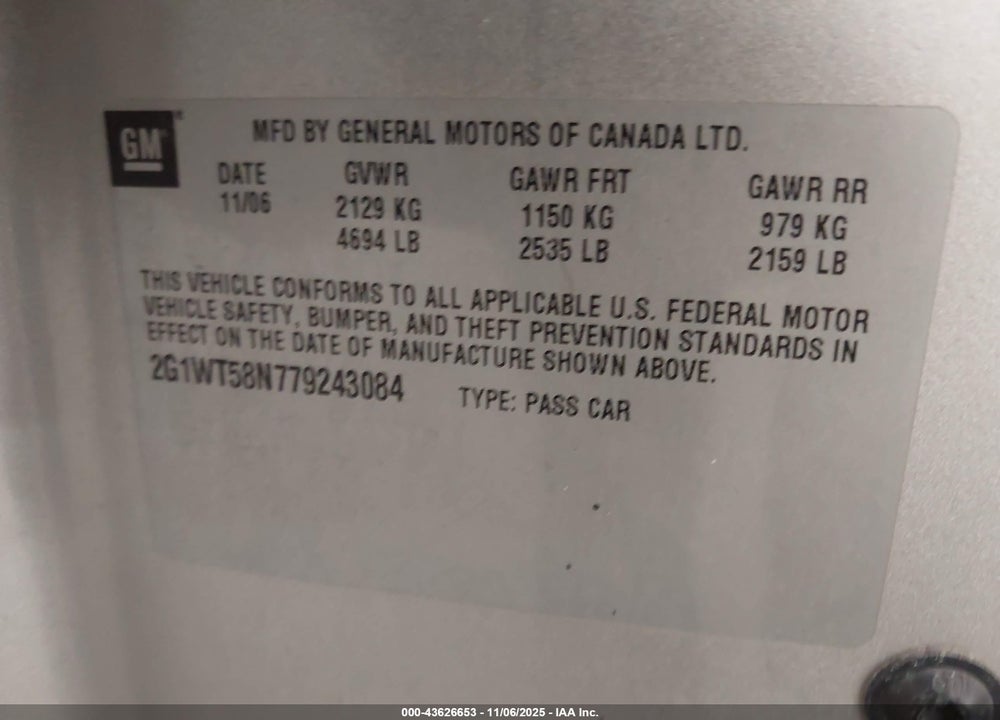 2007 CHEVROLET IMPALA VIN: 2G1WT58N779243084