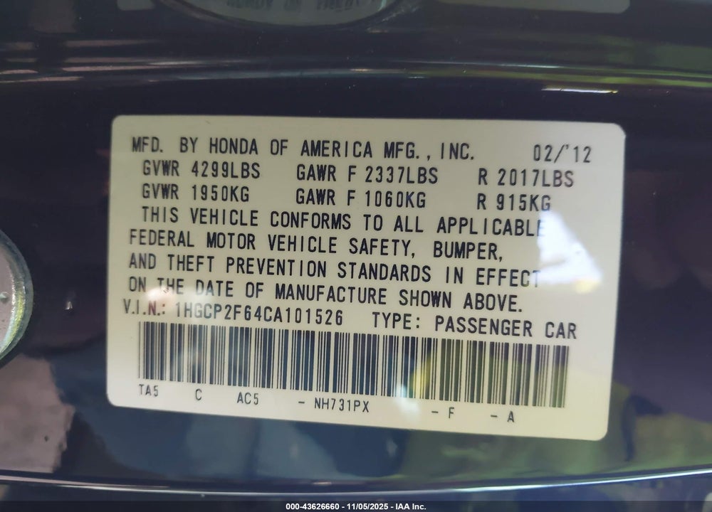 2012 HONDA ACCORD VIN: 1HGCP2F64CA101526