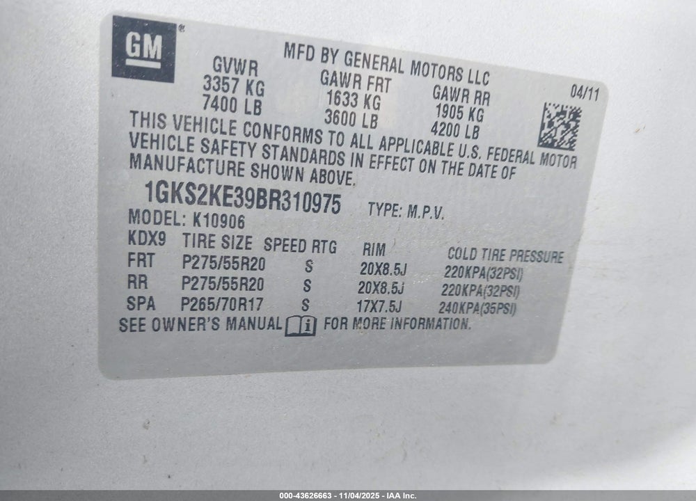 2011 GMC YUKON XL 1500 SLT VIN: 1GKS2KE39BR310975