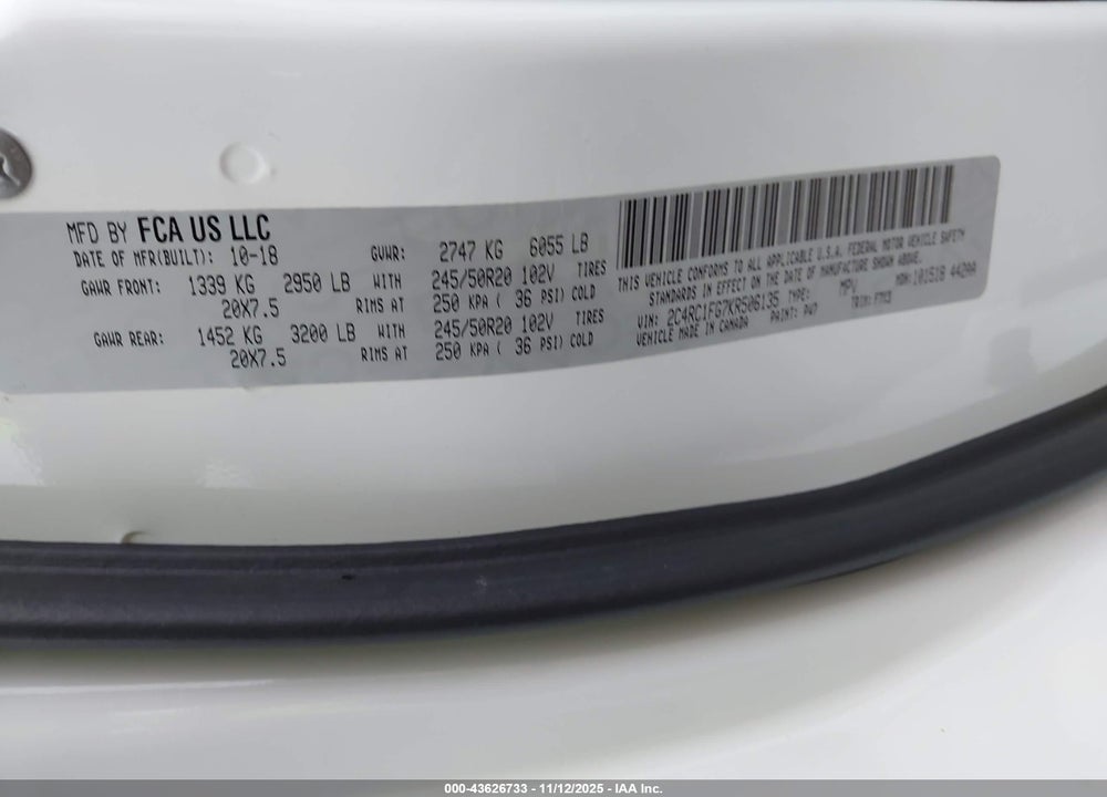 2019 CHRYSLER PACIFICA TOURING PLUS VIN: 2C4RC1FG7KR506135