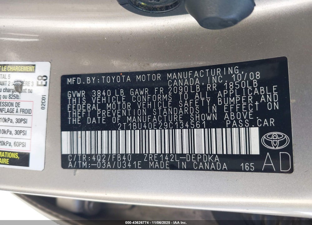2009 TOYOTA COROLLA LE VIN: 2T1BU40E29C134561