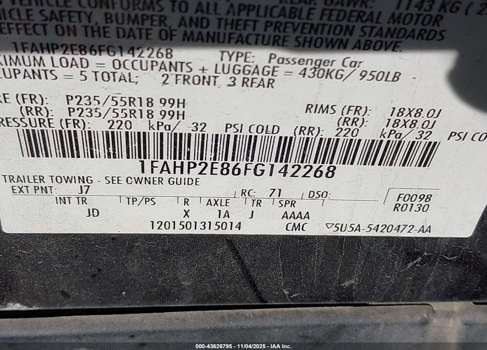 2015 FORD TAURUS SEL VIN: 1FAHP2E86FG142268