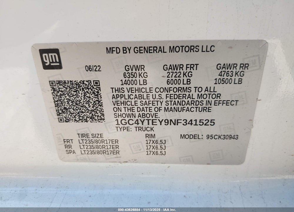 2022 CHEVROLET SILVERADO 3500HD 4WD  LONG BED LT VIN: 1GC4YTEY9NF341525