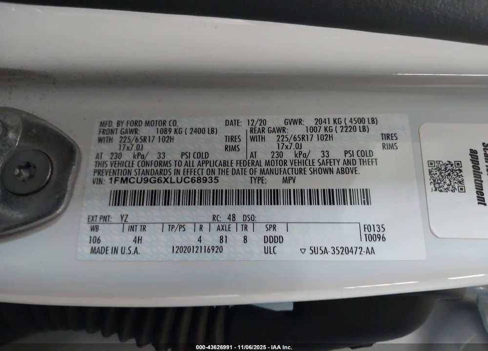 2020 FORD ESCAPE SE VIN: 1FMCU9G6XLUC68935