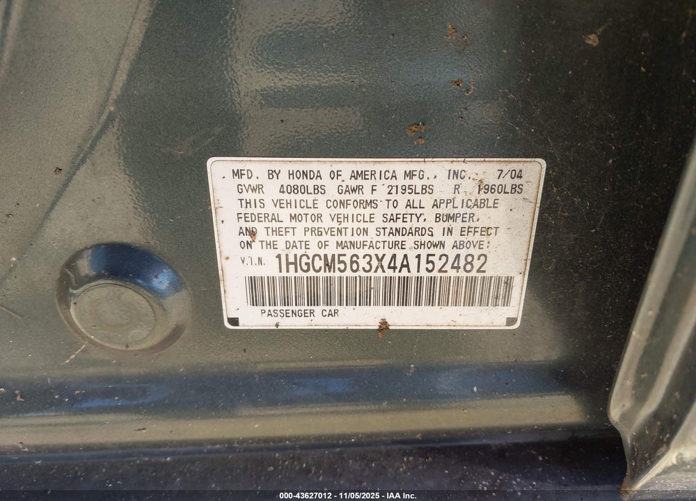 2004 HONDA ACCORD 2.4 LX VIN: 1HGCM563X4A152482