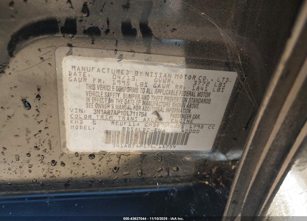 2013 NISSAN SENTRA SV VIN: 3N1AB7AP1DL711754