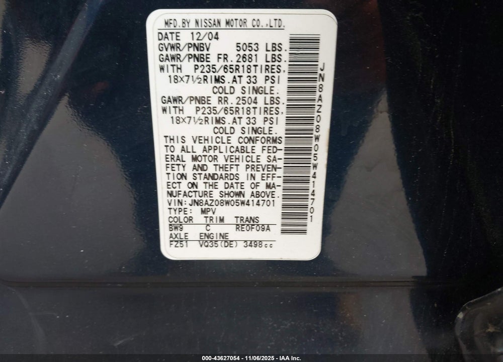 2005 NISSAN MURANO SL VIN: JN8AZ08W05W414701