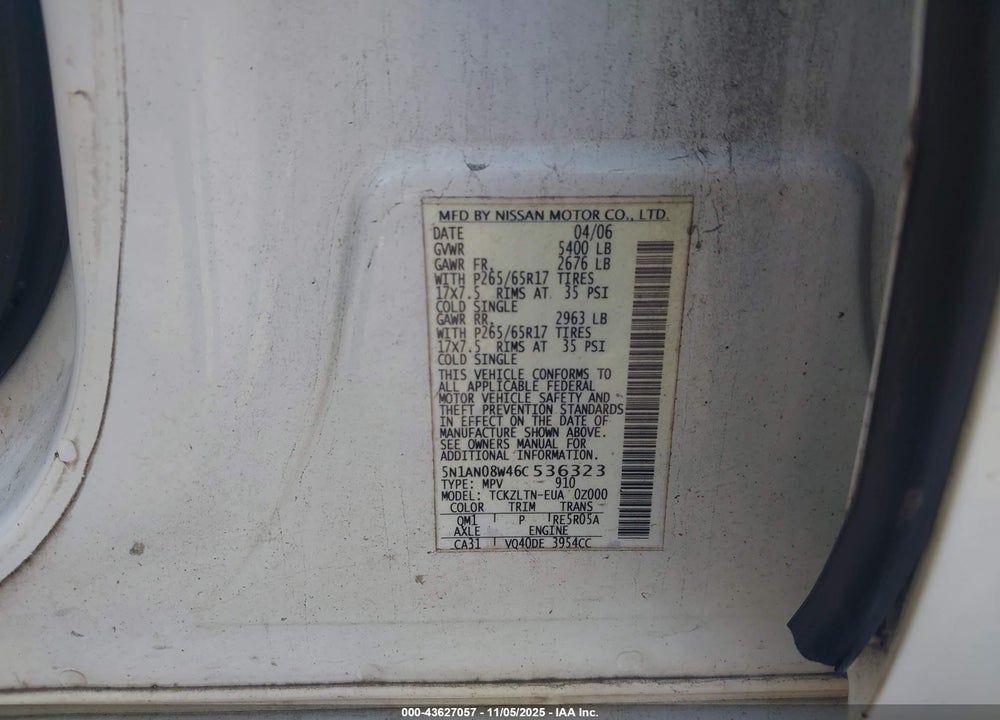 2006 NISSAN XTERRA SE VIN: 5N1AN08W46C536323