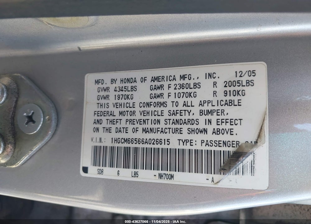 2006 HONDA ACCORD 3.0 EX VIN: 1HGCM66566A026615