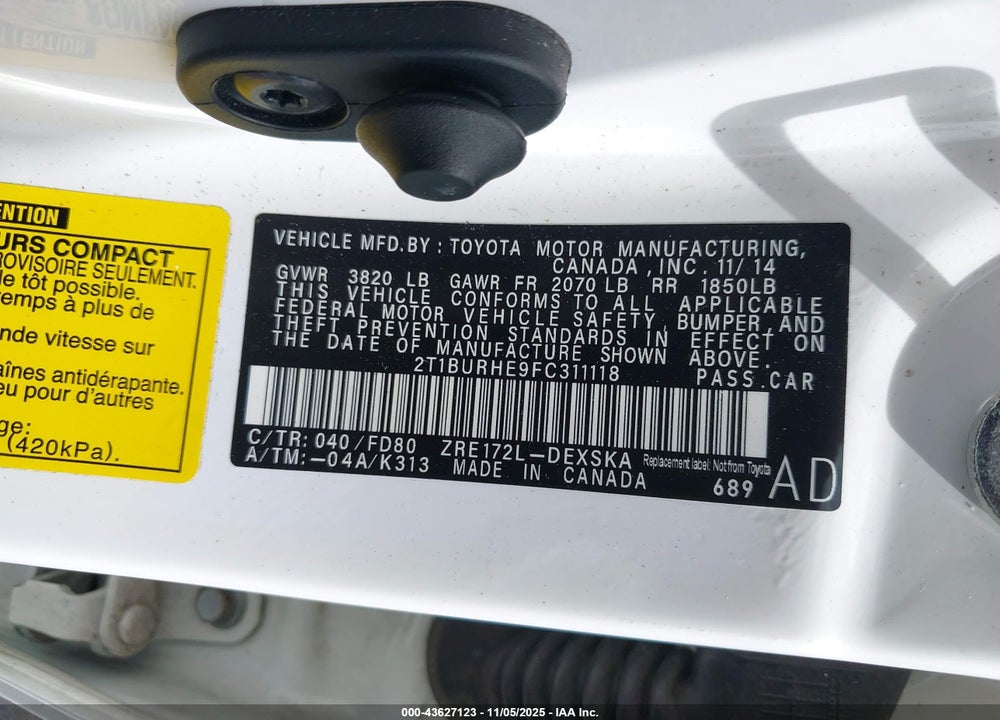2015 TOYOTA COROLLA S PLUS VIN: 2T1BURHE9FC311118