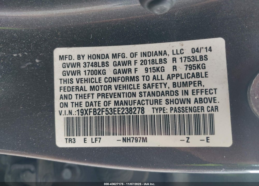 2014 HONDA CIVIC VIN: 19XFB2F53EE238278