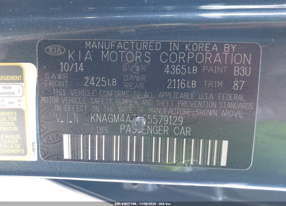 2015 KIA OPTIMA LX VIN: KNAGM4A77F5579129