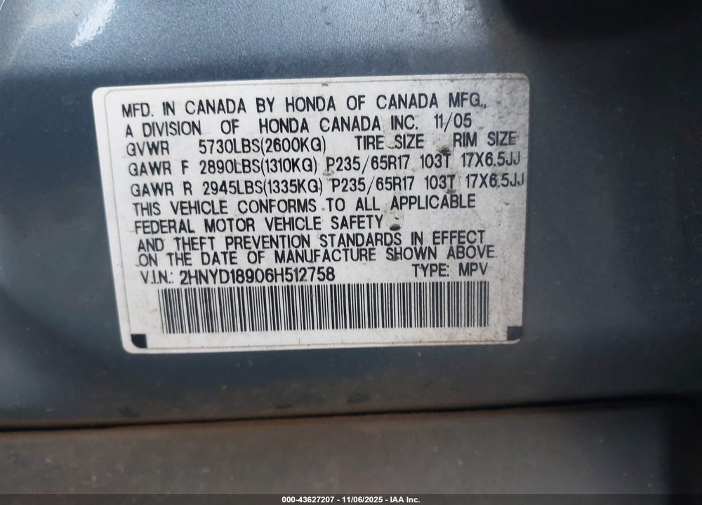 2006 ACURA MDX VIN: 2HNYD18906H512758