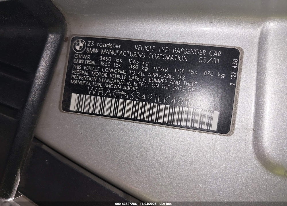 2001 BMW Z3 VIN: WBACN33491LK48100