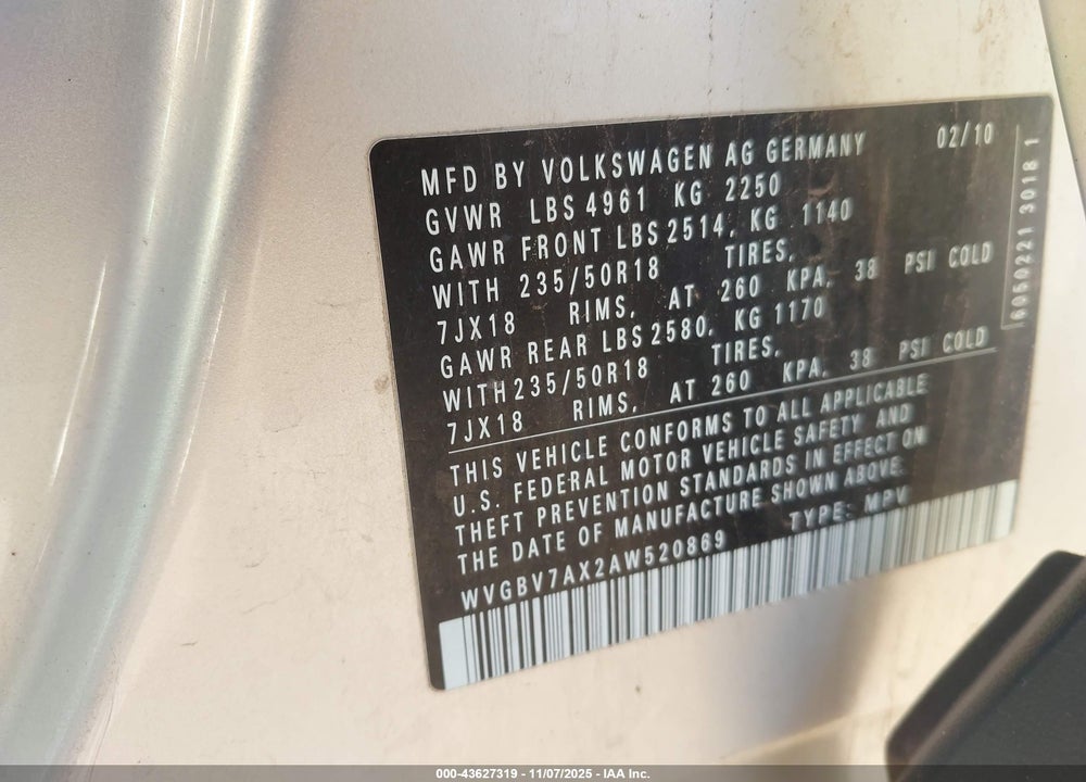 2010 VOLKSWAGEN TIGUAN WOLFSBURG EDITION VIN: WVGBV7AX2AW520869