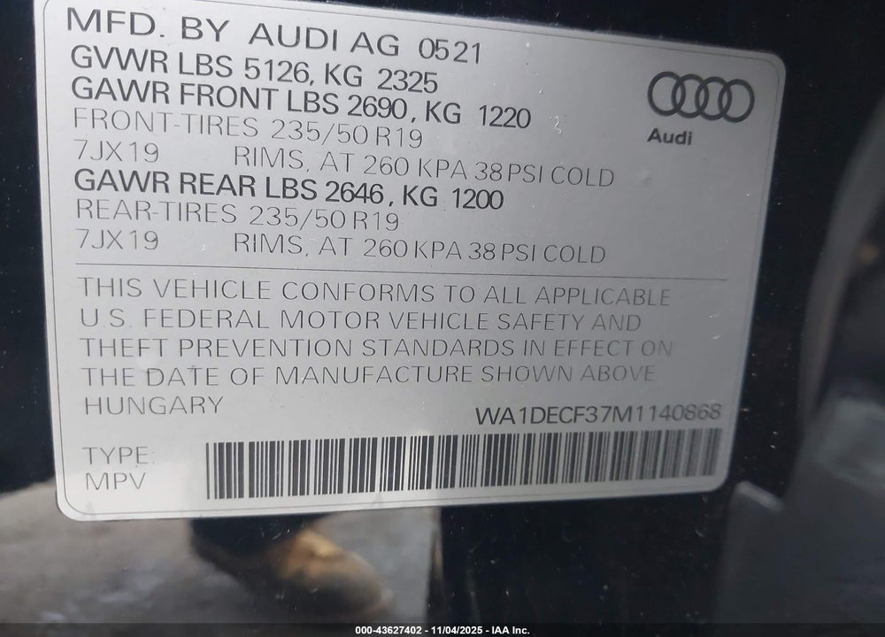 2021 AUDI Q3 PREMIUM 45 TFSI S LINE QUATTRO TIPTRONIC VIN: WA1DECF37M1140868