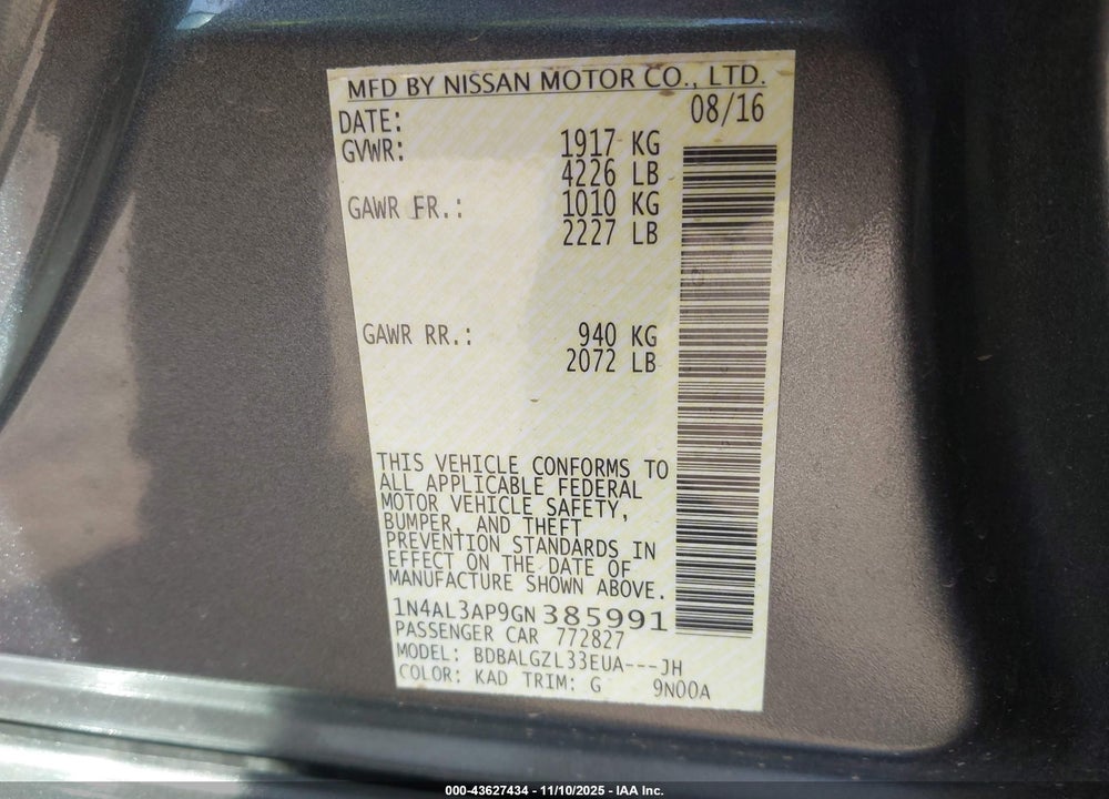 2016 NISSAN ALTIMA 2.5 S VIN: 1N4AL3AP9GN385991