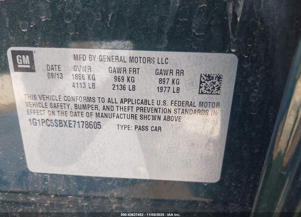 2014 CHEVROLET CRUZE VIN: 1G1PC5SBXE7178605