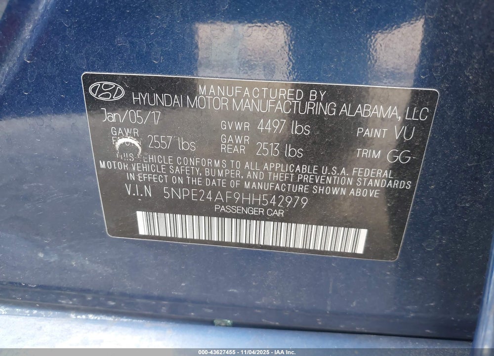 2017 HYUNDAI SONATA VIN: 5NPE24AF9HH542979