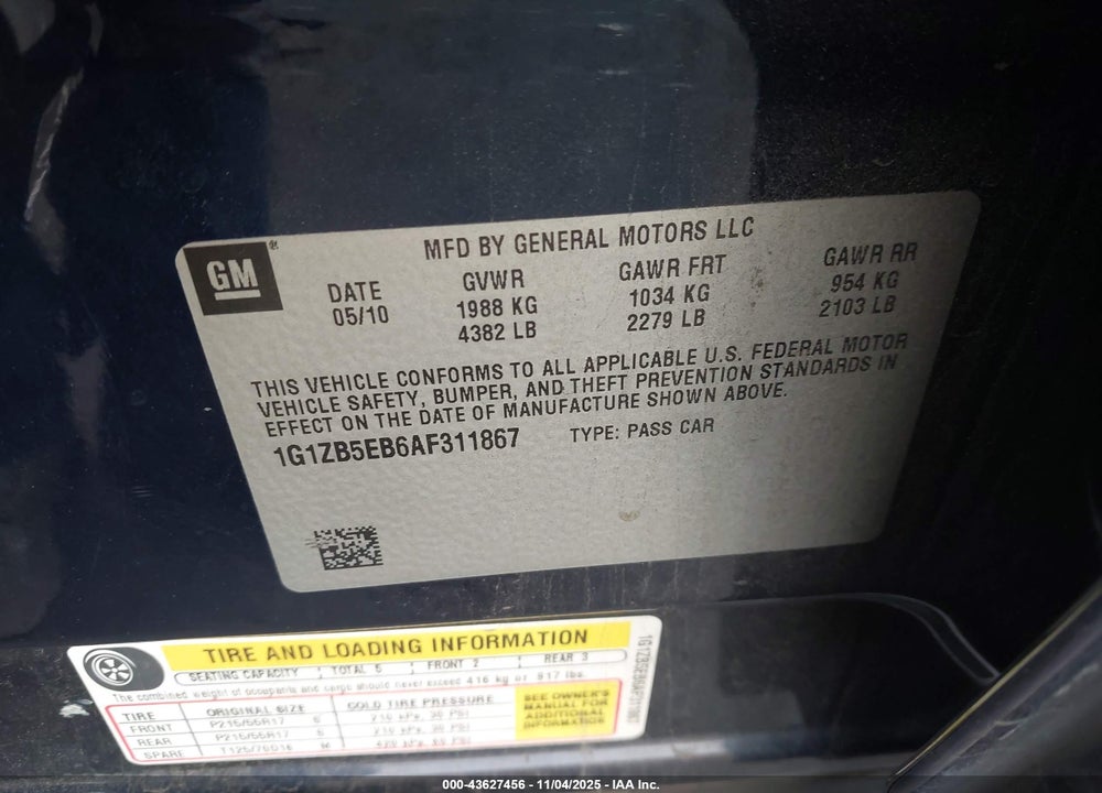 2010 CHEVROLET MALIBU LS VIN: 1G1ZB5EB6AF311867