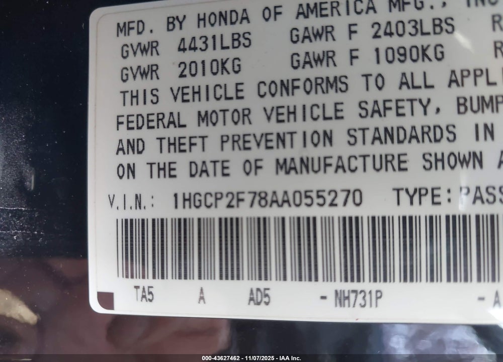 2010 HONDA ACCORD VIN: 1HGCP2F78AA055270