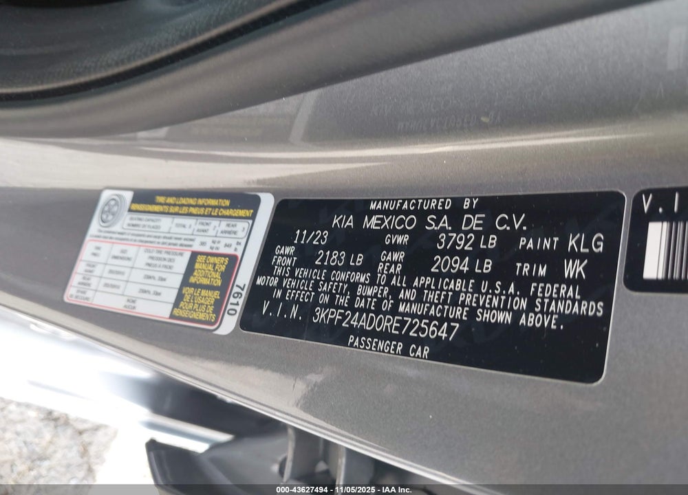 2024 KIA FORTE LXS VIN: 3KPF24AD0RE725647