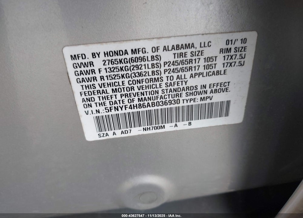 2010 HONDA PILOT VIN: 5FNYF4H86AB036930