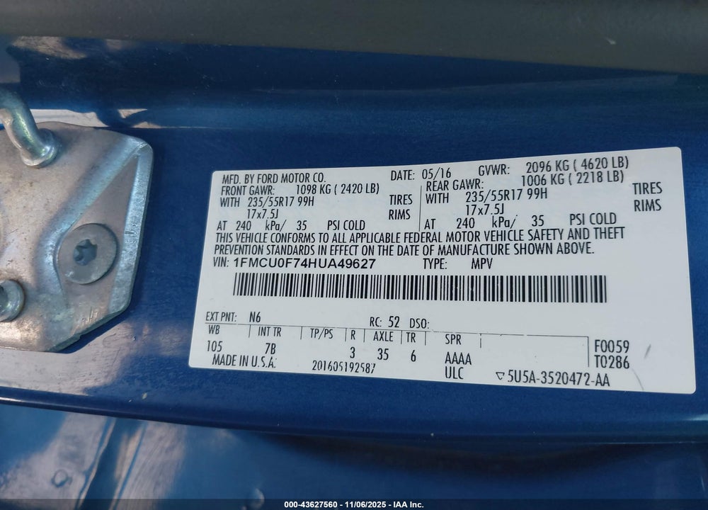 2017 FORD ESCAPE S VIN: 1FMCU0F74HUA49627