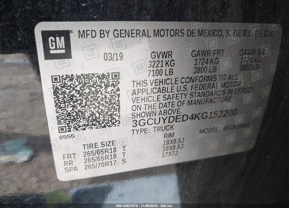 2019 CHEVROLET SILVERADO 1500 VIN: 3GCUYDED4KG152200
