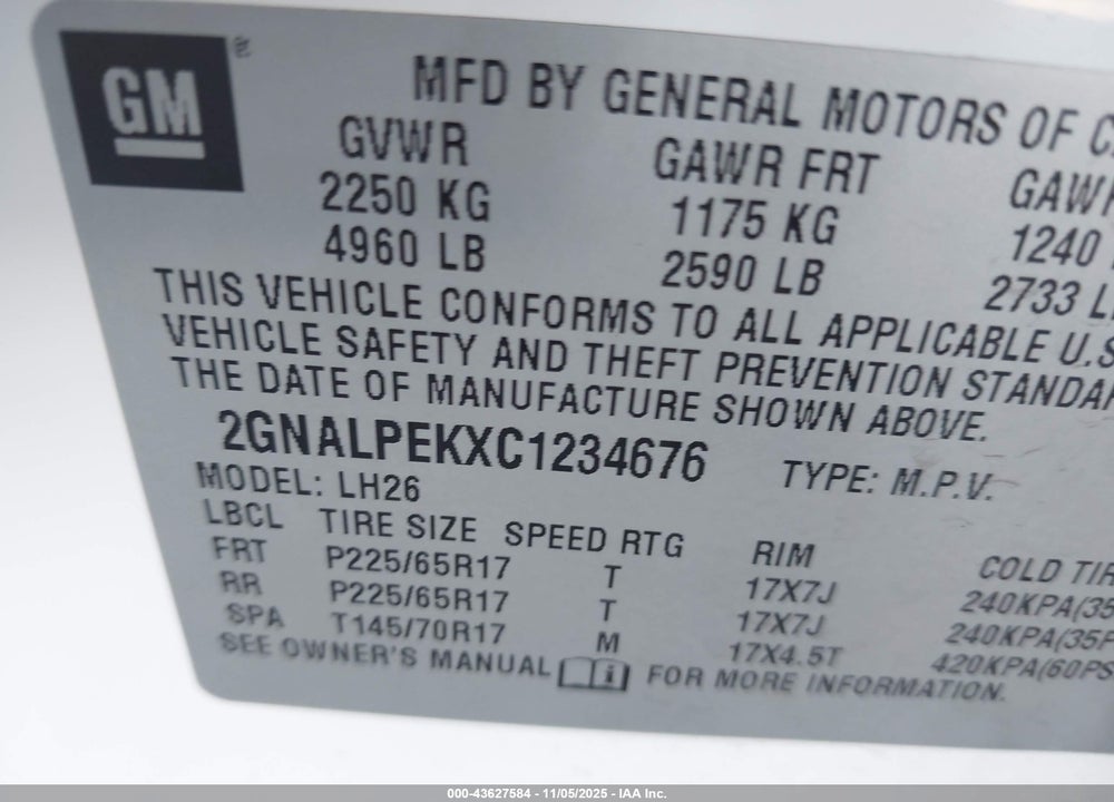 2012 CHEVROLET EQUINOX 2LT VIN: 2GNALPEKXC1234676