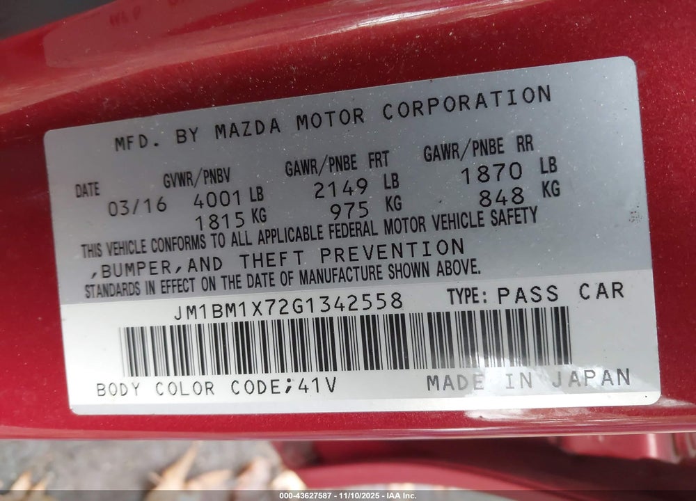 2016 MAZDA 3 I GRAND TOURING VIN: JM1BM1X72G1342558