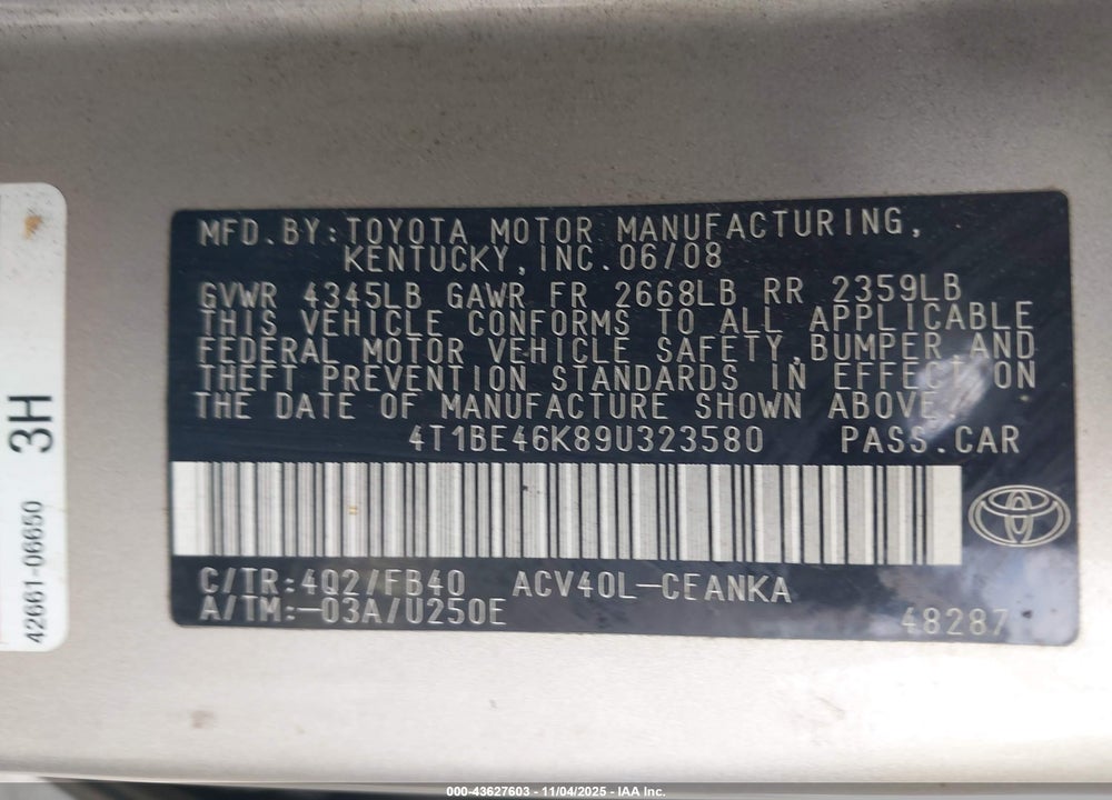 2009 TOYOTA CAMRY LE VIN: 4T1BE46K89U323580