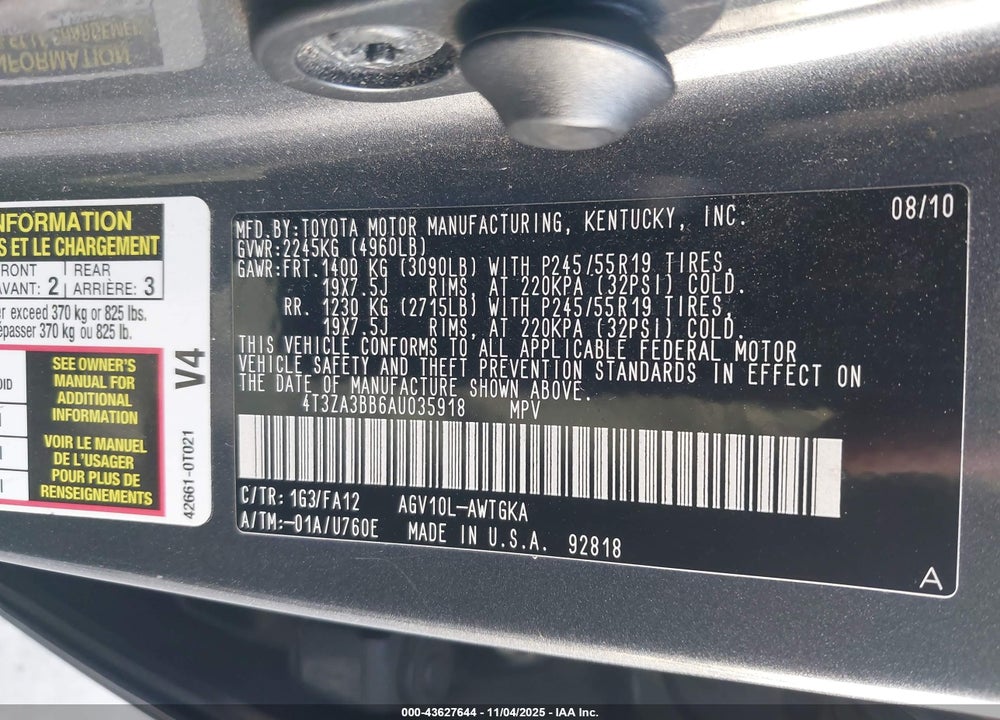 2010 TOYOTA VENZA VIN: 4T3ZA3BB6AU035918