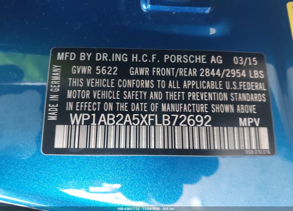 2015 PORSCHE MACAN S VIN: WP1AB2A5XFLB72692