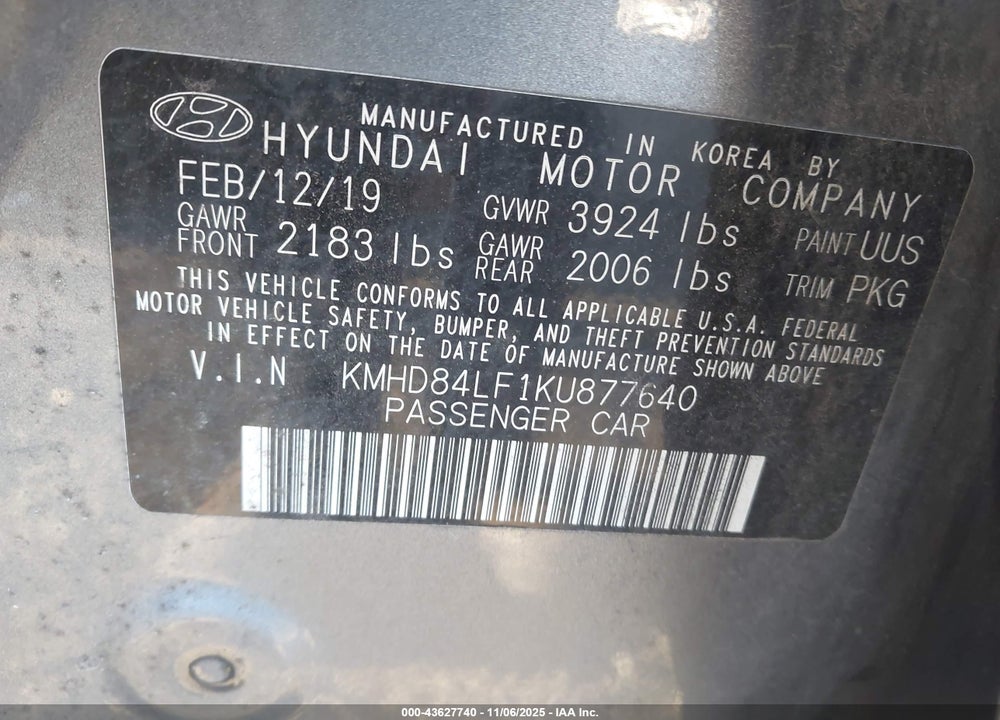 2019 HYUNDAI ELANTRA VALUE EDITION VIN: KMHD84LF1KU877640
