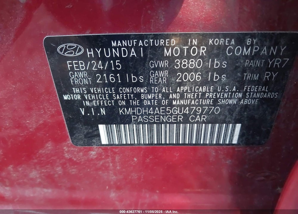 2016 HYUNDAI ELANTRA VALUE EDITION VIN: KMHDH4AE5GU479770
