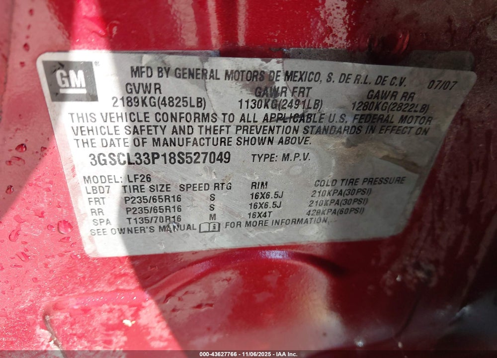 2008 SATURN VUE VIN: 3GSCL33P18S527049