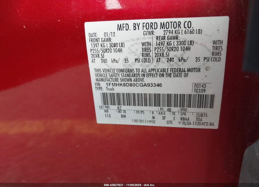 2012 FORD EXPLORER XLT VIN: 1FMHK8D80CGA93346