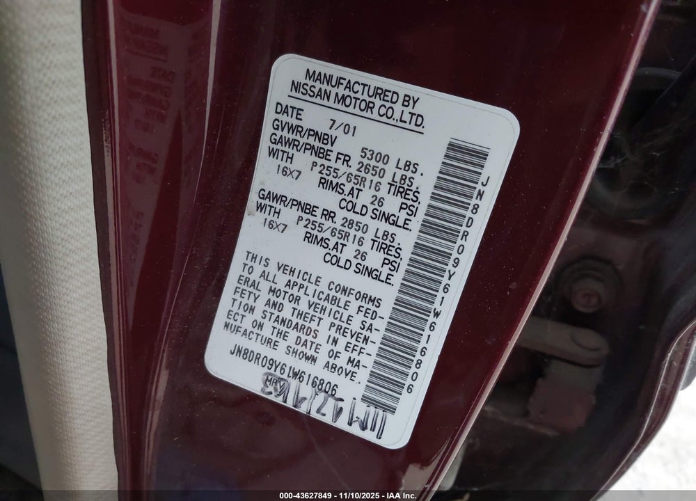 2001 NISSAN PATHFINDER SE VIN: JN8DR09Y61W616806