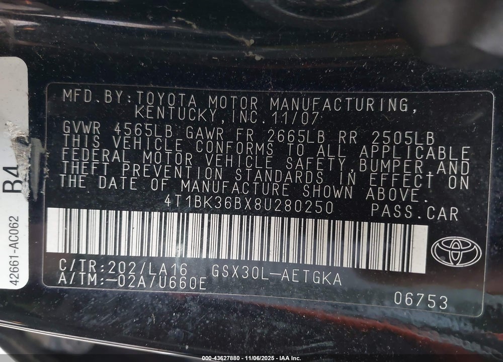 2008 TOYOTA AVALON XLS VIN: 4T1BK36BX8U280250