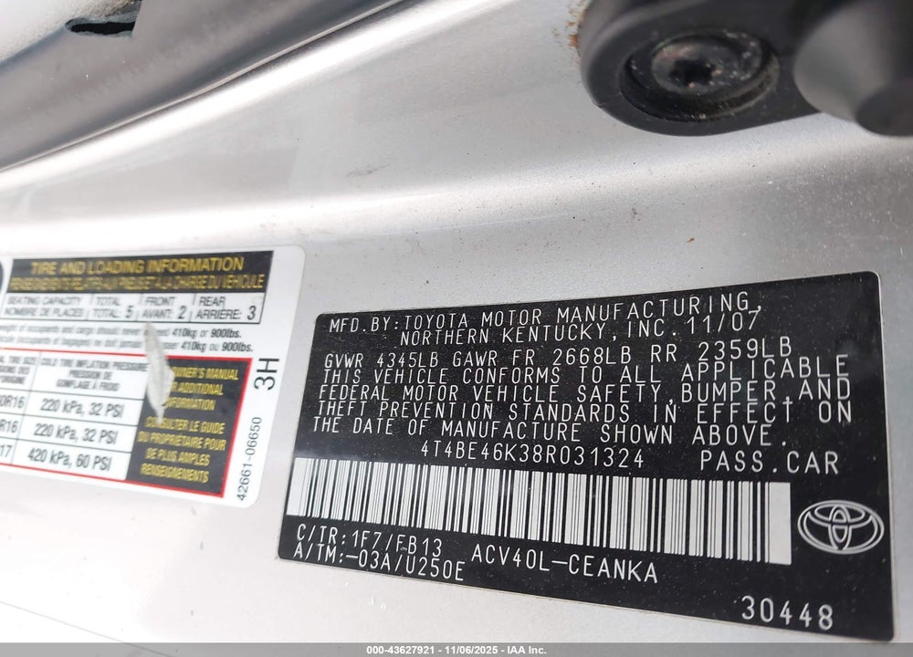 2008 TOYOTA CAMRY VIN: 4T4BE46K38R031324