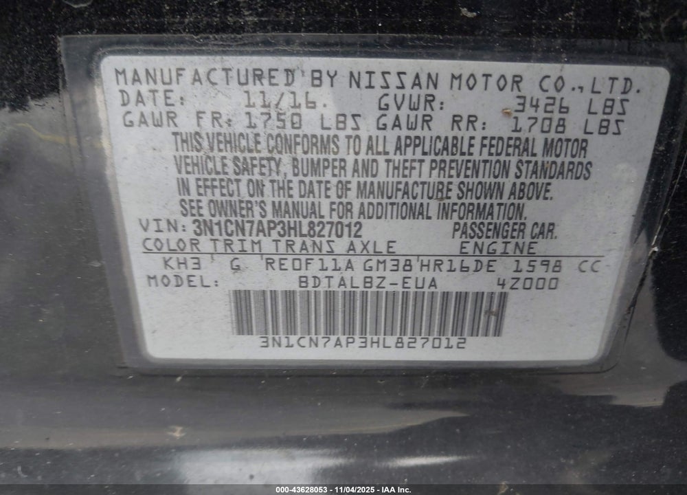 2017 NISSAN VERSA 1.6 SV VIN: 3N1CN7AP3HL827012