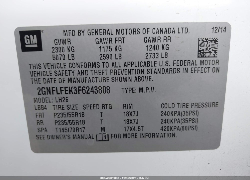 2015 CHEVROLET EQUINOX VIN: 2GNFLFEK3F6243808