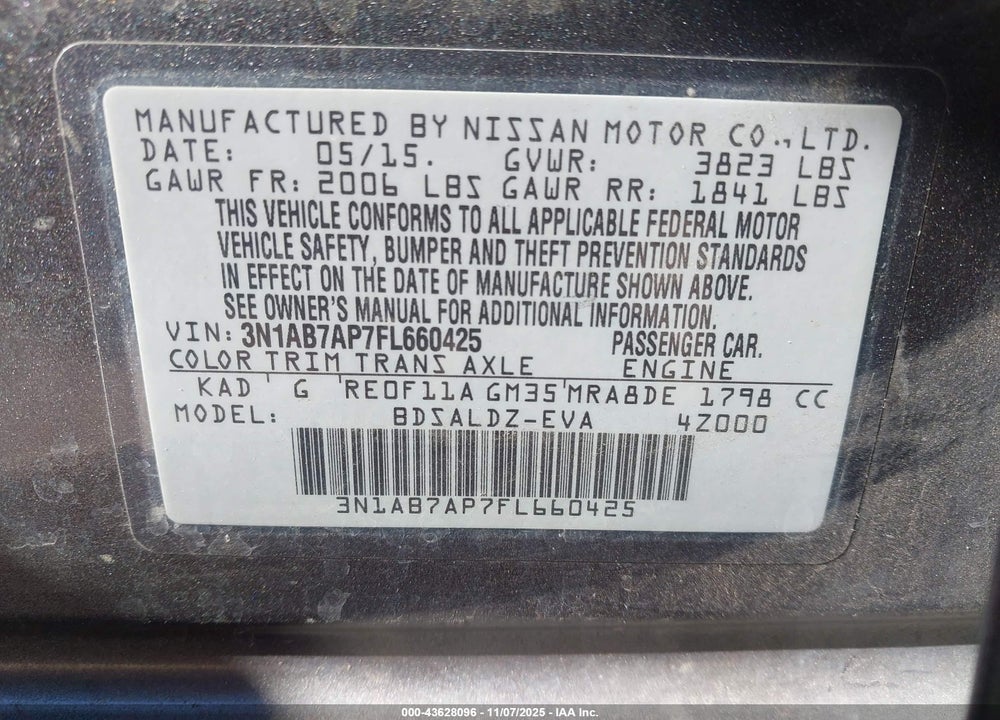 2015 NISSAN SENTRA FE+ S/S/SL/SR/SV VIN: 3N1AB7AP7FL660425