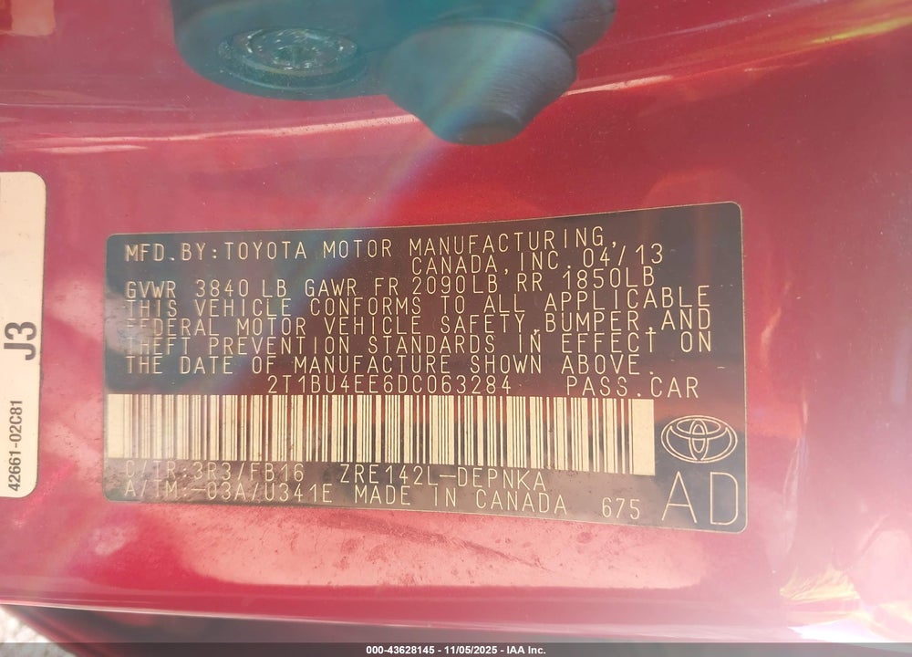 2013 TOYOTA COROLLA LE VIN: 2T1BU4EE6DC063284