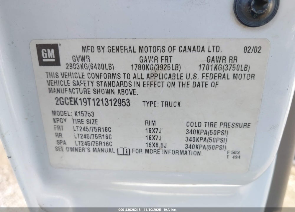 2002 CHEVROLET SILVERADO 1500 LS VIN: 2GCEK19T121312953